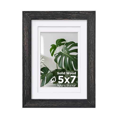 Egofine 5x7 Picture Frames Made of Solid Wood with Plexiglass, Display Pictures 3.5x5/4x6 with Mat or 5x7 Without Mat for Tabletop and Wall Mounting, Driftwood Black