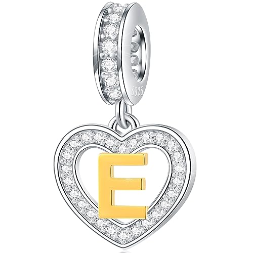 Image of GLOWDAS 18K Gold Plated Letter Charms Initial A to Z Necklace Pendant, 925 Sterling Silver CZ Heart Dangle Alphabet Beads fit European DIY Bracelet, Gifts for Valentiens /Christmas /Family