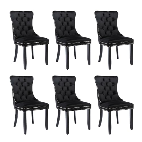 ModernLuxe Upholstered Velvet Dining Chairs Set of 6, Button Tufted Kitchen Chairs with Solid Wood Legs, Riveted Trim and Knocker Ring, Suitable for Living Room Dining Room, Black