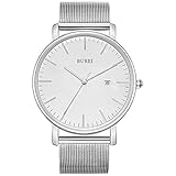 BUREI Men's Watch Ultra Thin Analog Quartz Wrist Watch Date Calendar Stainless Steel Mesh Band (All Silver with White Face)
