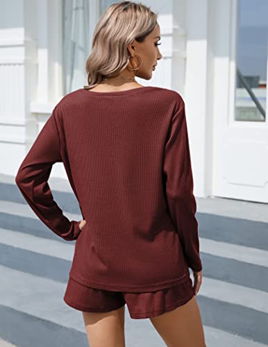 Ekouaer Womens Waffle Knit Lounge Sets Long Sleeve Top And Shorts Matching Set Loungewear Sweatsuit With Pockets Wine Red Large #TOP4