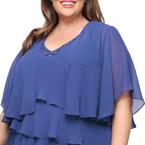 Image of S.L. Fashions Women's Chiffon Tiered Jacket Dress with Beaded Neckline Mother of the Bride, Cocktail, Or Wedding Guest Dress