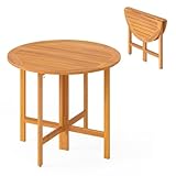 GOPLUS Table Pliante Extérieur, Table à Manger Ronde 90 CM pour 4 Personnes en Bois d'Acacia, sans Assemblage, pour Balcon, Jardin, Charge 80 KG (Pieds Naturel,90CM|4 Personnes|Pliant)