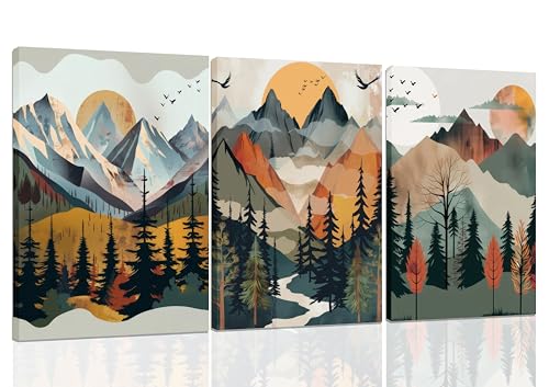 3Pcs Mountain Wall Art Boho Abstract Sunset Canvas Prints Forest