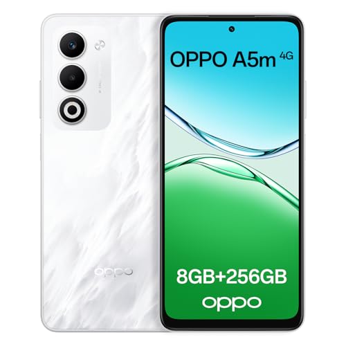 OPPO A5m 4G 8GB RAM + 256GB ROM, Unlocked Smartphone with AI, 6.67 90 Hz display, 50 MP AF camera, 6000 mAh battery, IP65 Water and Dust Resistance, Mist White (Include 45W SUPERVOOC Charger)
