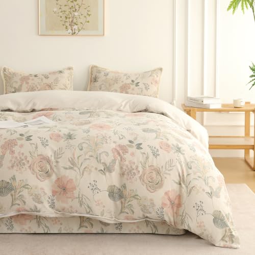 Image of Story@Home King Size Bedcover Set | 400 TC Microfiber Bedding Set with 1 Duvet Cover 1 King Bedsheet 270 x 250 cm & 2 Pillow Covers | Soft Durable Duvet Cover Set Floral Pattern | Beige Pink