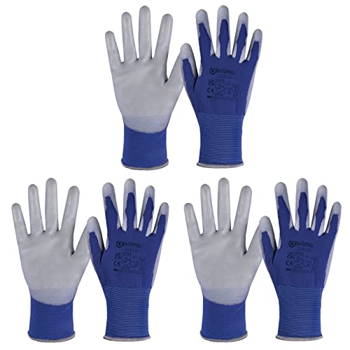 ANDANDA Gants de Travail, 12 Paires, Tricoté sans Couture, Enduit de PU, Léger, Dexterité, Respirabilité, Gants Protections, l'Emballage, l'Inspection, le Transport, la Livraison, Bleu, XL Cover