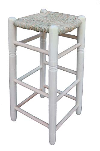 Taburete Alto de Barra Con Asiento Tejido a Mano en Enea Natural - Madera Al Natural Para Posterior Pintado - Medidas 34x34cm, Altura 73cm