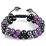 Amethyst Triple Protection Bracelet for Women Men, Hematite Black Obsidian Bead Crystal Stone Bracelet, Relieve anxiety Charm Bracelet (B-Purple Triple Protection Bracelet)