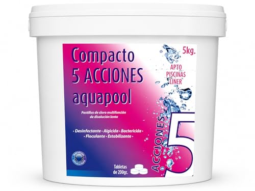 Cloro | Compacto 5 Acciones Aquapool 5 Kg - Pastillas De Cloro Multifunción - Disolución Lenta - Apto Piscinas Liner