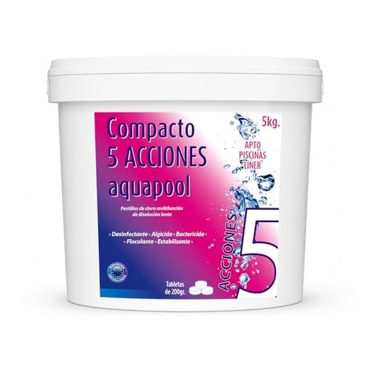 Compacto 5 ACCIONES AQUAPOOL (200 GR) - Pastillas de Cloro multifunción - Disolución Lenta - Apto Piscinas Liner (5 KG)