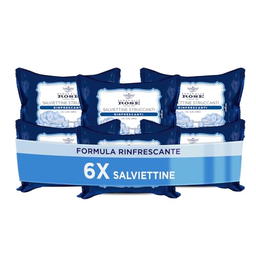 Acqua alle Rose, Erfrischende Make-up-Entferner-Tücher für alle Hauttypen, mit destilliertem Damaszener-Rosenwasser, Make-up-Entferner auf Gesicht, Augen und Lippen – 6 Packungen mit je 20 Tüchern