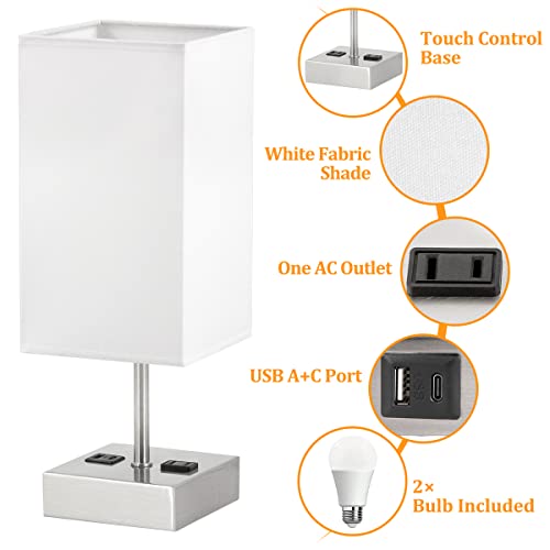 Touch Control Bedside Lamp, Dott Arts Usb Table Lamp 3 Way Dimmable Nightstand Lamp With 2 Usb Ports & Ac Outlet, Touch Desk Lamps For Bedrooms Living Room Office, Small Table Lamp, White Fabric Shade #TOP4