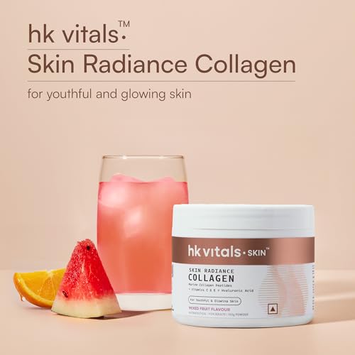 Image of hk vitals Marine Collagen Supplements Powder (Mixed Fruit, 100g) & Sipper Bottle (Grey, 300ml) Combo Pack | With Vitamin C & E | For Healthy Skin, Hair & Nails