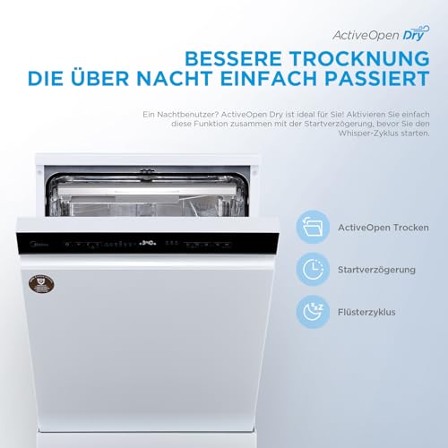 Midea Spülmaschine 60 cm MDWEF1433DW-WE, Geschirrspüler Freistehend 14 Maßgedecke, Besteckkorb, höhenverstellbarer Oberkorb, Aqua-Stopp, Startzeitvorwahl, Weiß