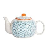 Nicola Spring Hand-Printed Teapot - 820ml - Traditional Decorative Blue Floral Pattern Porcelain Tea Pot with Orange Lid Tableware Large Teapot for Tea, Milk
