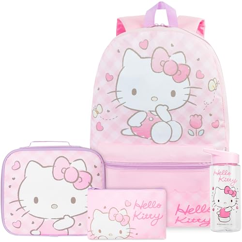 Get Trend Hello Kitty Sanrio Sac a Dos Fille Set, 4Pcs Cartable, Trousse Scolaire, Sac Isotherme Repas et Sans BPA Gourde Air Up (Rose Hello Kitty)