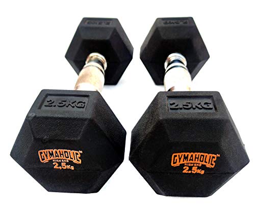 Image of Gymaholic Hexa Rubber Dumbbell with Metal Handles (Black, Single & Pair, Fixed Dumbbells in Weights 2.5 kg Pair)