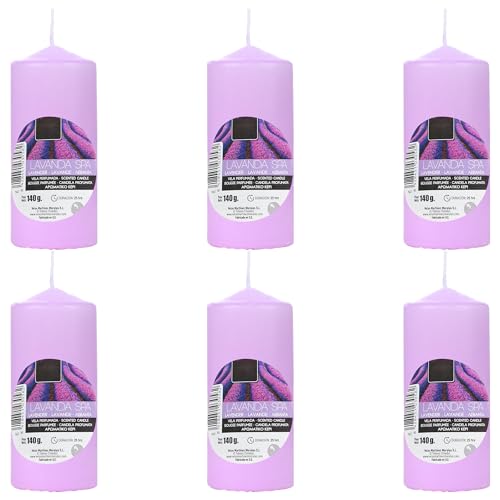 Pack de 6 Velas Aromáticas Cilíndricas Elegantes 140g, 25h Duración - Velón Taco de Cera, Decorativas y Relajantes 110x47 mm (Lavanda Spa)
