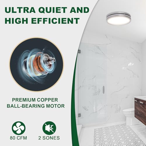 Image of Akicon Bathroom Exhaust Fan with Light, 80 CFM 2.0 Sones Bathroom Fan for Ceiling, 3CCT 15W Dimmable LED Light and 3.5W Nightlight Vent Fans Combo for Home, Round, Sliver