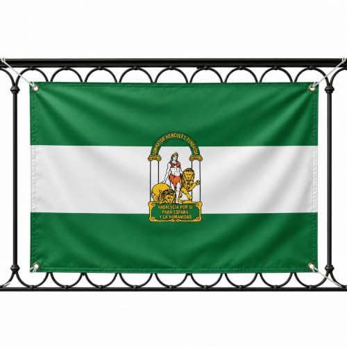 Bandera Andalucia 90x150cm, Bandera Andaluza con 4 Ojales de Latón, Andalucia flag, Banderas de Comunidades para exterior, Material Poliéster, Impresión ambas caras