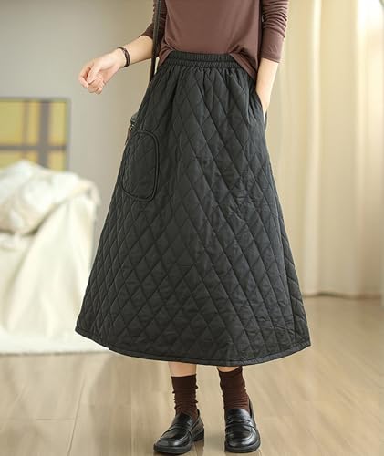 SOMTHRON Women's High Waist Quilted Skirt Padded A-Line Windproof Winter Warm Insulated Thicken Midi Long Skirt4