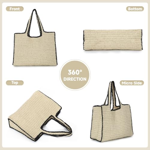 Image of Fecialy Women Large Straw Tote Handbag Hand Woven Summer Beach Shoulder Bag Chic Casual Travel Vacation Bags