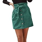  Petalum Jupe Femme Chic Sexy Courte en Velour Côtelé Taille Haute Elégante Casual Mini Skirt OL Ceinture Devant Boutonné pour Bureau Printemp Automne