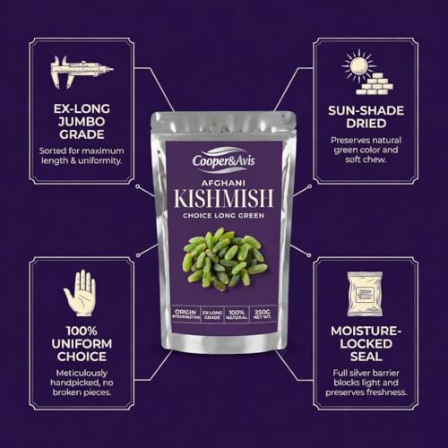 Image of Cooper&Avis Premium Afghani Raisins, 250g | Authentic Kandhari Choice Long Green Kishmish | Jumbo Size, Sun-Dried & Seedless