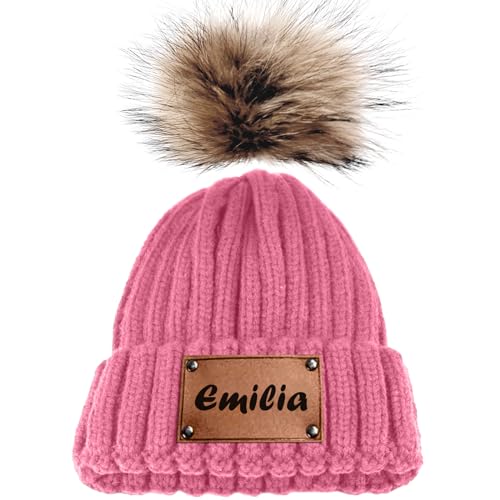 Personalized Mama Mini Beanie Hat, 2 Pack Parent-Child Pom Pom Beanies, Custom Winter Warm Knit Hats Gift for Infant Baby