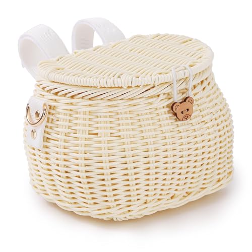 SVNR Fahrradkorb für Kinder Fahrradkorb Vorne, Fahrrad Korb Roller Dreiradkorb, handgewebter Rucksack mit Deckel Schultergurt, Rattankorb, Vorderlenkerkorb, Beige