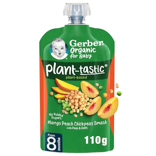 GERBER Organic Pouch Mango Peach Chickpeas Smash with Peas and Oats No added sugar No artificial flavors No preservatives. 110g (+8m)
