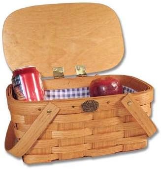 Peterboro Baskets Back to School Lunch Picnic Basket with Blue White Checkered Lining - Honey Stain Finish