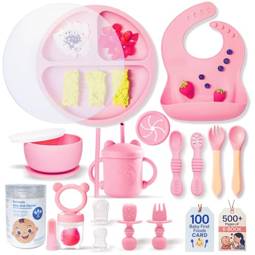 Image of Remonda Baby Led Weaning Supplies,Silicone Baby Feeding Set, Baby Gifts,Suction Plate Bowl Set, Self Feeding Utensil Sets, Bib, Cup, First Stage Eating Essentials, 6+ Months (Pink-YY)
