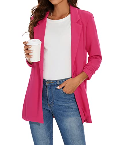 Unifizz Women Long Blazers for Business Casual 3/4 Sleeve Button Front Notch Lapel Lightweight Work Office Blazer Jackets