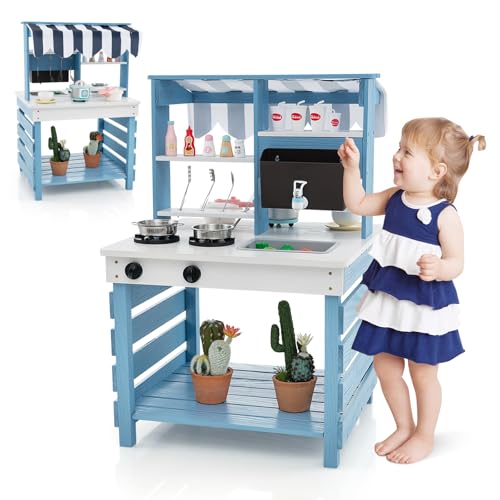 GLACER 2 in 1 Mud Kitchen, Double Sided Outdoor Play Kitchen & Grocery Store Pretend Play, Kids Kitchen Playset with Water Box, Faucet, Stoves, Storage Shelves, Hooks, Mud Table for Boys Girls