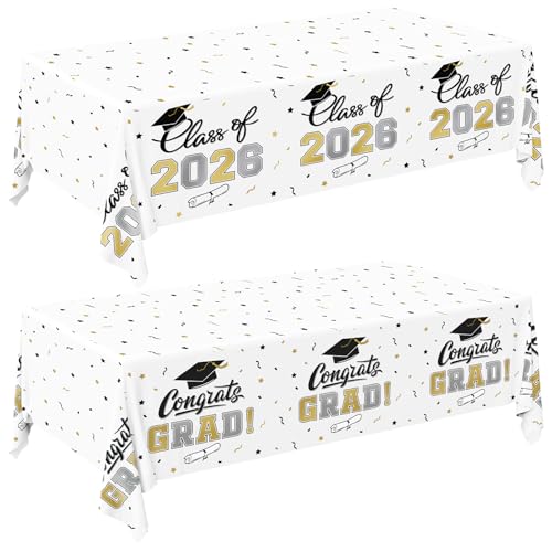 Gatherfun 2026 Graduation Decorations : 2-Pack Congrats Grad Disposable Tablecovers - Class of 2026 White Themed Table Cloths, for Graduation Party Supplies & Graduation Backdrop, 54