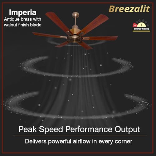 Image of Breezalit Imperia 1200 mm (48 Inch) 6-Blade Designer Ceiling Fan | 80 W Powerful Copper Motor | Antique Brass Body & Walnut Finish Blades | Silent High-Airflow | 2-Year Warranty