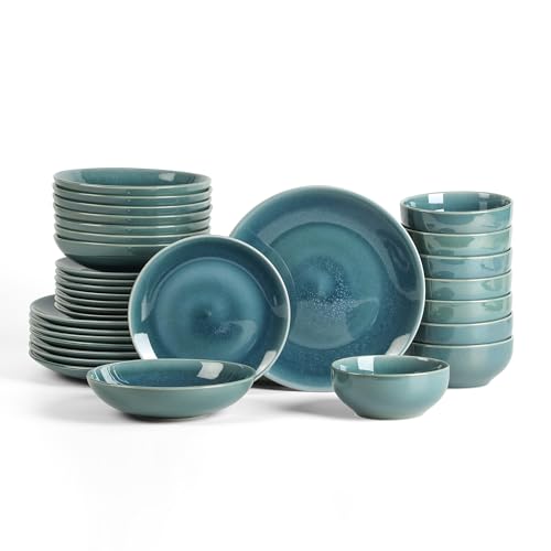 Image of Stone Lain Riley 32-Piece Dinnerware Set Stoneware, Plates and Bowls Set, Dishwasher and Microwave Safe, Dish Set for 8, Blue