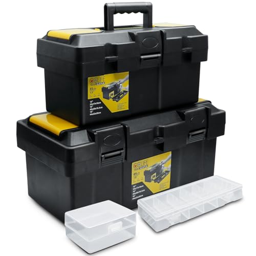 CCLIFE Werkzeugbox Set 18(44 x 22 x 20 cm) + 13(35 x 17 x 18 cm) Werkzeugkasten Koffer mit 2 kleinen Aufbewahrungsboxen, Schnellverschluss und Organizer, stabiler Organizer