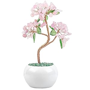 17cm Rosenquarz Blume im weißen Blumentopf, mit grünen Glas Blättern | Edelstein-Baum