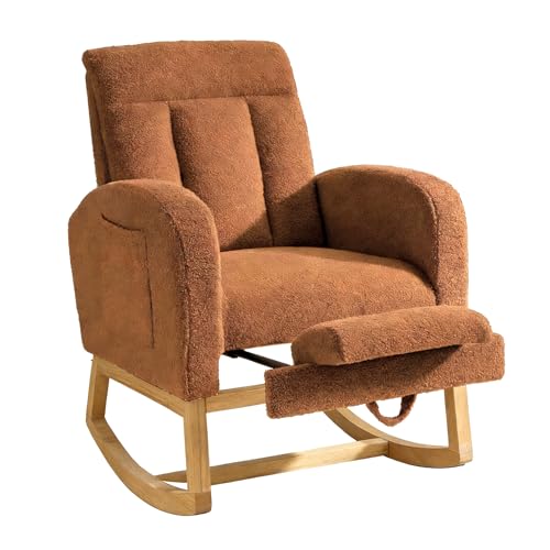 Aptliton Modern Soft Rocking Recliner Chair with Adjustable Footrest - High Back Glider with Side Pocket - Comfortable Stuffed Upholstery for Living Room, Bedroom, Nursery - Raw Wood Legs, Brown