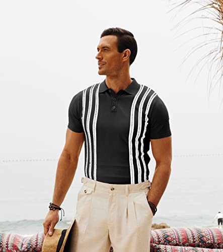 Pj Paul Jones Mens Retro Striped Knit Polo Shirts Italian Knit Shirts For Golf Black M #TOP14