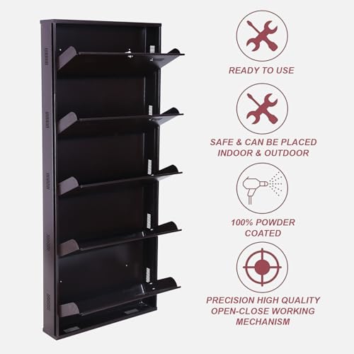 Image of Metal Shoe Rack Wall Mounted for Home with Central Locking |5 Door 28 inch Wall Mounted Metal 15 Pair Shoe Rack Cabinet | Pre-Assembled Rack Shelves | 3 Year Warranty (Brown)
