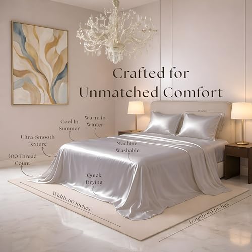 Image of Luxe Ere Satin Bedsheet Single Size (60x90) | 300 TC Ultra Smooth Silky Soft Luxury Satin Bed Sheet with 2 Pillow Covers | Premium Satin Bedsheets for Single Bed - Moonstone Grey