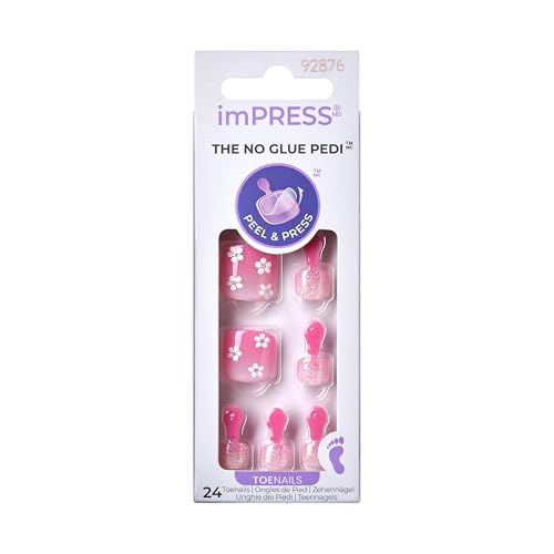 KISS Impress No Glue Pedi 30 Pcs Press on Toenails Pink Stick on Extension False Nails for Toes Peel & Press Easy Apply Hassle-Free Removal Includes Manicure Stick Prep Pad & File