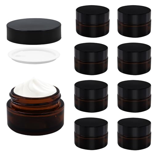 TOKSEO Tarros de Cristal Ámbar para Rellenar Cosméticos - 9 Recipientes Marrón de 5 ml con Tapa y Forro