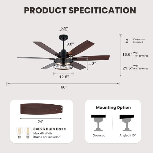 Image of Dawn Whisper Black Ceiling Fans with Lights 60 Inch Farmhouse Ceiling Fan with Remote Quiet Reversible DC Motor 6 Speeds 8 Blades Large Industrial Chandelier Fan for Living Room Bedroom