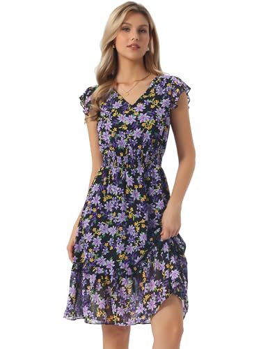 Image of Allegra K Womens Floral Dress V Neck Ruffle Smocked Knee Length Dresses