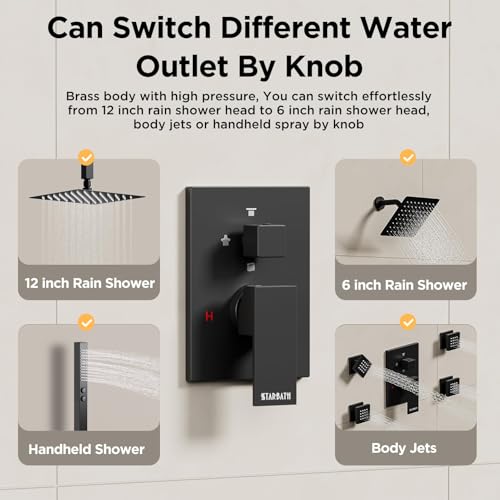 Shower Faucet Sets Matte Black Shower System,STARBATH 4 Way 12+6\" Dual Head Shower Set Complete with 2 in 1 Handheld,Ceiling Mounted Rainfall Shower Head with 4 Body Spray Jets, Shower Jets System